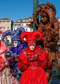 Les costumés du carnaval de Venise devant la Madonna de la Salute.