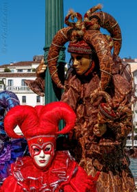 Les costumés du carnaval de Venise devant la Madonna de la Salute.