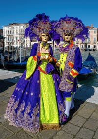 Les costumés du carnaval de Venise devant la Madonna de la Salute.