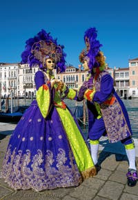 Les costumés du carnaval de Venise devant la Madonna de la Salute.