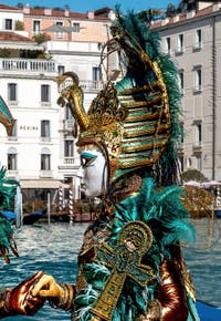 Les costumés du carnaval de Venise devant la Madonna de la Salute.