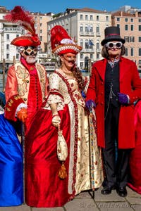 Les costumés du carnaval de Venise devant la Madonna de la Salute.