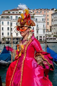 Les costumés du carnaval de Venise devant la Madonna de la Salute.