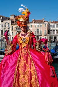 Les costumés du carnaval de Venise devant la Madonna de la Salute.