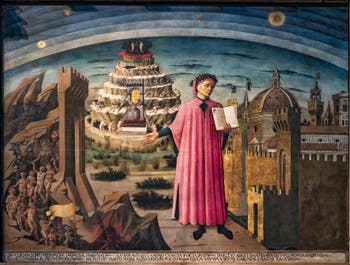 Dante et ses mondes de Domenico di Michelino, huile sur bois de 1465 dans la Cathédrale Santa Maria del Fiore ou Duomo à Florence en Italie
