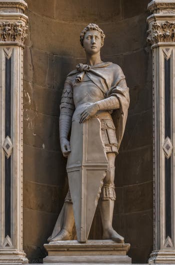 Donatello, statue de saint Marc, 1413, Tabernacle avec saint Jacques de Giovanni Albizzo Pietro de 1411, pour la guilde des liniers, frippiers et tailleurs, église Orsanmichele à Florence en Italie