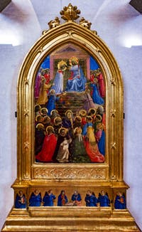 Beato Angelico, Couronnement de la Vierge. Détrempe et feuille d'or sur bois, 1434 dans le couvent de San Marco à Florence en Italie