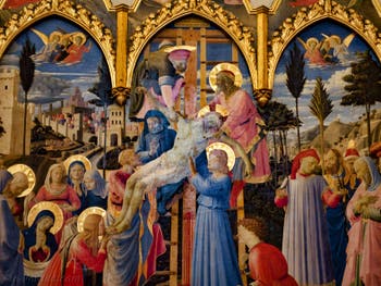 Beato Angelico et Lorenzo Monaco, rétable de Sainte Trinité, déposition de la croix. Détrempe et feuille d'or sur bois, 1432, couvent de San Marco à Florence Italie