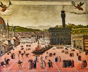 L'exécution de Jerôme Savonarole sur la Piazza della Signoria devant le Palazzo Vecchio, peinture de 1650, au Couvent Musée San Marco à Florence en Italie