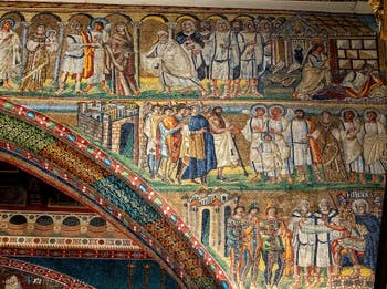 Mosaïques de l'arc triomphal, présentation au temple, rêve de Joseph, Arrivée en Égypte, Hérode et les rois Mages, Basilique Sainte Marie Majeure à Rome