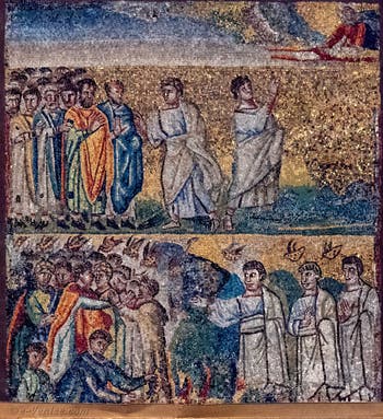 Médisance du peuple d'Israel contre Moïse et Aaron, Dieu parle à Moïse et dessous, la pluie de la manne et des cailles dans le désert, Mosaïques côté latéral droite dans la Basilique Sainte Marie Majeure à Rome