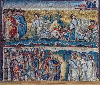 Le peuple d'Israel se plaint de la soif, Moïse demande l'aide du Seigneur, les Amalécites barrent le passage à Moïse, Mosaïques côté latéral droite dans la Basilique Sainte Marie Majeure à Rome