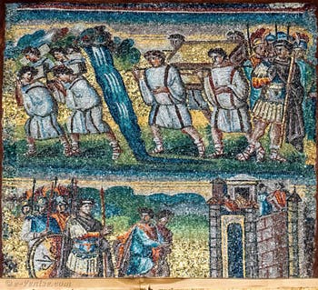 Passage miraculeux du Jourdain avec l'Arche, envoi d'éclaireurs à Jéricho, Mosaïques côté latéral droite dans la Basilique Sainte Marie Majeure à Rome