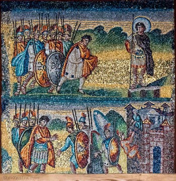 Apparition de l'Ange à Josué, fuite des éclaireurs de Jéricho, Mosaïques côté latéral droite dans la Basilique Sainte Marie Majeure à Rome