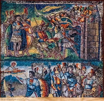 Siège des Amorrites à Gabaon, des messagers demandent l'aide de Josué, Dieu apparait à Josué qui marche contre Gabaon, Mosaïques côté latéral droite dans la Basilique Sainte Marie Majeure à Rome