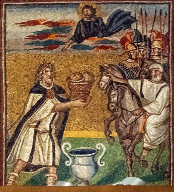 Melchisedech offre le pain et le vin à Abraham, un geste remarqué par le Seigneur dans les nuages, Mosaïques côté latéral gauche dans la Basilique Sainte Marie Majeure à Rome