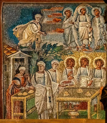 Le Seigneur apparaît à Abraham dans la vallée de Mambre, Abraham demande à Sarah de préparer trois fouaces et les offre aux trois hommes à sa table, Mosaïques côté latéral gauche dans la Basilique Sainte Marie Majeure à Rome