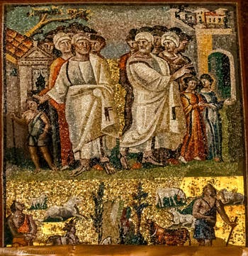 Abraham et Lot se quittent, deux groupes d'animaux avec leurs bergers, Mosaïques côté latéral gauche dans la Basilique Sainte Marie Majeure à Rome