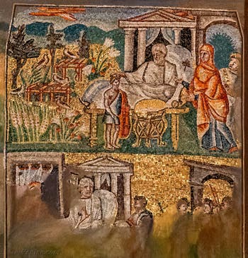 Isaac bénit Jacob devant Rebecca, Esaü présente le fruit de sa chasse à Isaac, Mosaïques côté latéral gauche dans la Basilique Sainte Marie Majeure à Rome