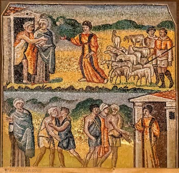 Rachel annonce à son père Laban l'arrivée de Jacob, Laban embrasse Jacob et l'emmène chez lui, Mosaïques côté latéral gauche dans la Basilique Sainte Marie Majeure à Rome
