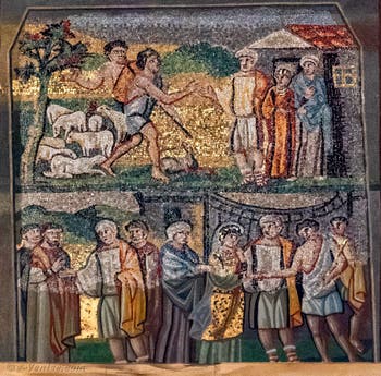 Jacob demande la main de Rachel à Laban, noces de Jacob et Rachel, Mosaïques côté latéral gauche dans la Basilique Sainte Marie Majeure à Rome