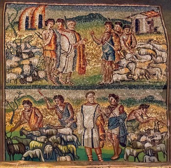 Jacob demande à Laban de le récompenser pour ses services, le partage des troupeaux, Mosaïques côté latéral gauche dans la Basilique Sainte Marie Majeure à Rome