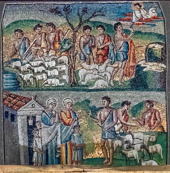 Dieu ordonne à Jacob de retourner dans sa patrie, Jacob quitte Rachel et Lia, Mosaïques côté latéral gauche dans la Basilique Sainte Marie Majeure à Rome