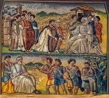 Jacob achète le champ où les tentes sont plantées, annonce de l'enlèvement de Dina la fille de Jacob, Mosaïques côté latéral gauche dans la Basilique Sainte Marie Majeure à Rome