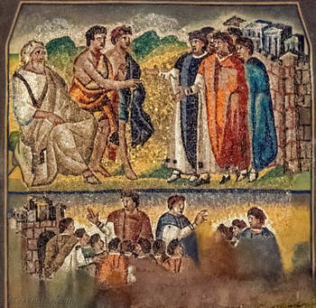 Les princes de la ville de Sichem traitent avec Jacob le mariage de sa fille Dina et incitent les habitants à se faire circoncire, Mosaïques côté latéral gauche dans la Basilique Sainte Marie Majeure à Rome