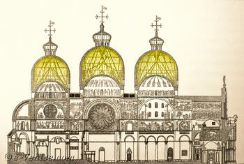 Schnittzeichnung des Markusdoms, in gelb die Lücke zwischen den äußeren und inneren Kuppeln mit Details des Stützgerüstes.