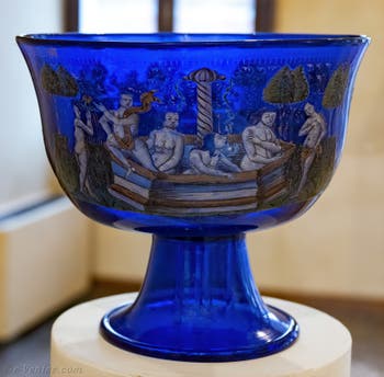 Wedding cup by Angelo Barovier, last quarter of the 15th century in blue glass enamelled with polychrome enamels and fused gold, Murano Glass Museum in Venice