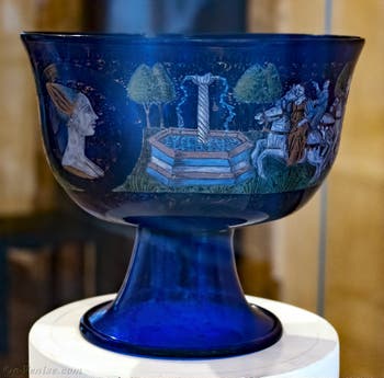 Wedding cup of Angelo Barovier, last quarter of the 15th century in blue glass enamelled with polychrome enamels and molten gold, Murano glass museum in Venice