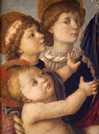 Botticelli, Madonna Vierge à l'enfant, saint Jean et deux anges, détrempe sur bois, 1468,  Galerie de l'Accadémia à Florence en Italie