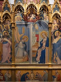 Giovanni del Biondo, Annonciation et le Père éternel bénissant les anges et les saints martyrs, détrempe sur bois, 1380-1385, Galerie de l'Accadémia à Florence en Italie