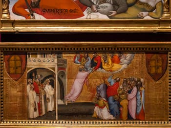 Giovanni del Biondo, saint Jean Évangéliste en Trône piétinant les vices et Christ bénissant les anges, détrempe sur bois, 1380-1385, Galerie de l'Accadémia à Florence en Italie