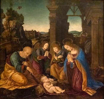 Lorenzo di Credi, Adoration de l'enfant Jésus, détrempe sur bois, 1496-1500, Galerie de l'Accademia à Florence Italie