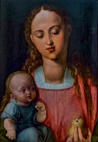 Albrecht Dürer, Vierge à l'enfant, la Vierge à la poire, huile sur bois, 1526, à la Galerie des Offices, les Uffizi à Florence en Italie