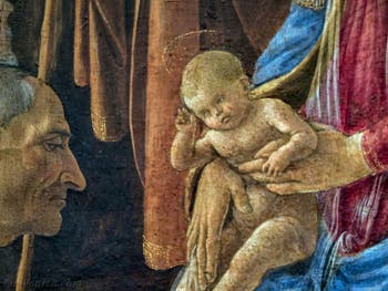 Botticelli, Cosme l'Ancien de Médicis et Jésus dans l'Adoration des Mages, 1475-1477, Galerie Offices Uffizi, Florence Italie