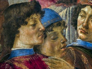 Botticelli, Laurent le Magnifique de Médicis et Ange Politien dans l'Adoration des Mages, 1475-1477, Galerie Offices Uffizi, Florence Italie