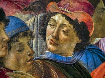 Botticelli, Ange Politien et Pic de la Mirandole dans l'Adoration des Mages, 1475-1477, Galerie Offices Uffizi, Florence Italie
