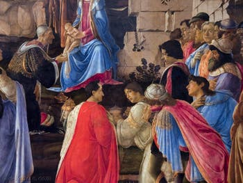 Botticelli, Cosme l'Ancien, Pierre et Julien de Médicis dans l'Adoration des Mages, 1475-1477, Galerie Offices Uffizi, Florence Italie