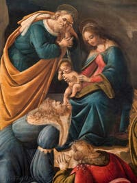 Botticelli, Botticelli, Jésus, la Vierge et Joseph ainsi que le premier roi mage agenouillé devant le Christ dans l'Adoration des Mages, 1490-1500, galerie des Offices, les Uffizi à Florence Italie