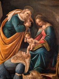 Botticelli, Jésus, la Vierge et Joseph ainsi que le premier roi mage agenouillé devant le Christ dans l'Adoration des Mages, 1490-1500, galerie des Offices, les Uffizi à Florence Italie