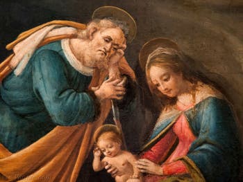Botticelli, Joseph, l'Enfant Jésus et la Vierge Marie dans l'Adoration des Mages 1490-1500, à la galerie des Offices, les Uffizi à Florence Italie