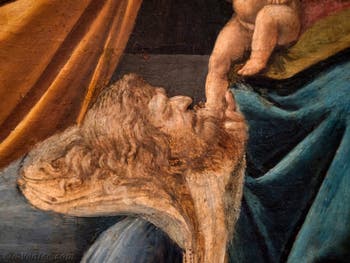 Botticelli, le premier roi mage agenouillé devant l'Enfant Jésus dans l'Adoration des Mages 1490-1500, à la galerie des Offices, les Uffizi à Florence Italie