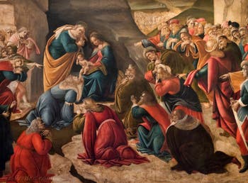 Botticelli, les rois mages agenouillés dans l'Adoration des Mages 1490-1500, à la galerie des Offices, les Uffizi à Florence Italie
