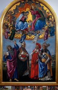Sandro Botticelli, Couronnement de la Vierge, saint Jean Évangéliste, saint Augustin, saint Jérôme et saint Éloi, 1490, Galerie Offices Uffizi, Florence Italie