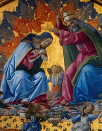 Sandro Botticelli, Couronnement de la Vierge, saint Jean Évangéliste, saint Augustin, saint Jérôme et saint Éloi, 1490, Galerie Offices Uffizi, Florence Italie