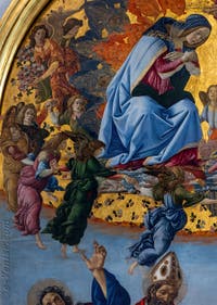 Sandro Botticelli, Couronnement de la Vierge, saint Jean Évangéliste, saint Augustin, saint Jérôme et saint Éloi, 1490, Galerie Offices Uffizi, Florence Italie