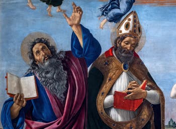 Sandro Botticelli, Couronnement de la Vierge, saint Jean Évangéliste, saint Augustin, saint Jérôme et saint Éloi, 1490, Galerie Offices Uffizi, Florence Italie